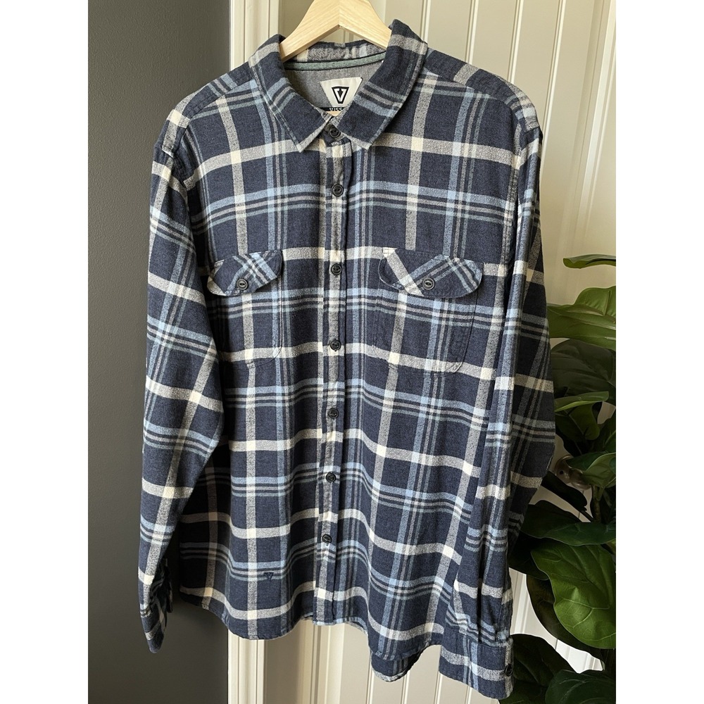 Vissla Flannel Shirt Men's XL Blue White Gray Plaid 100% Cotton Button-Up